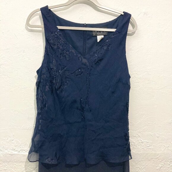 Alex Evenings Maxi Dress Gown Cocktail Holiday Burnout Sheer Floral Silk Navy - Picture 6 of 13